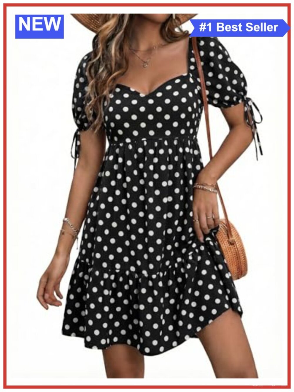 Womens Polka Dot Mini Dress A Line Square Neck Puff Sleeve Casual Summer